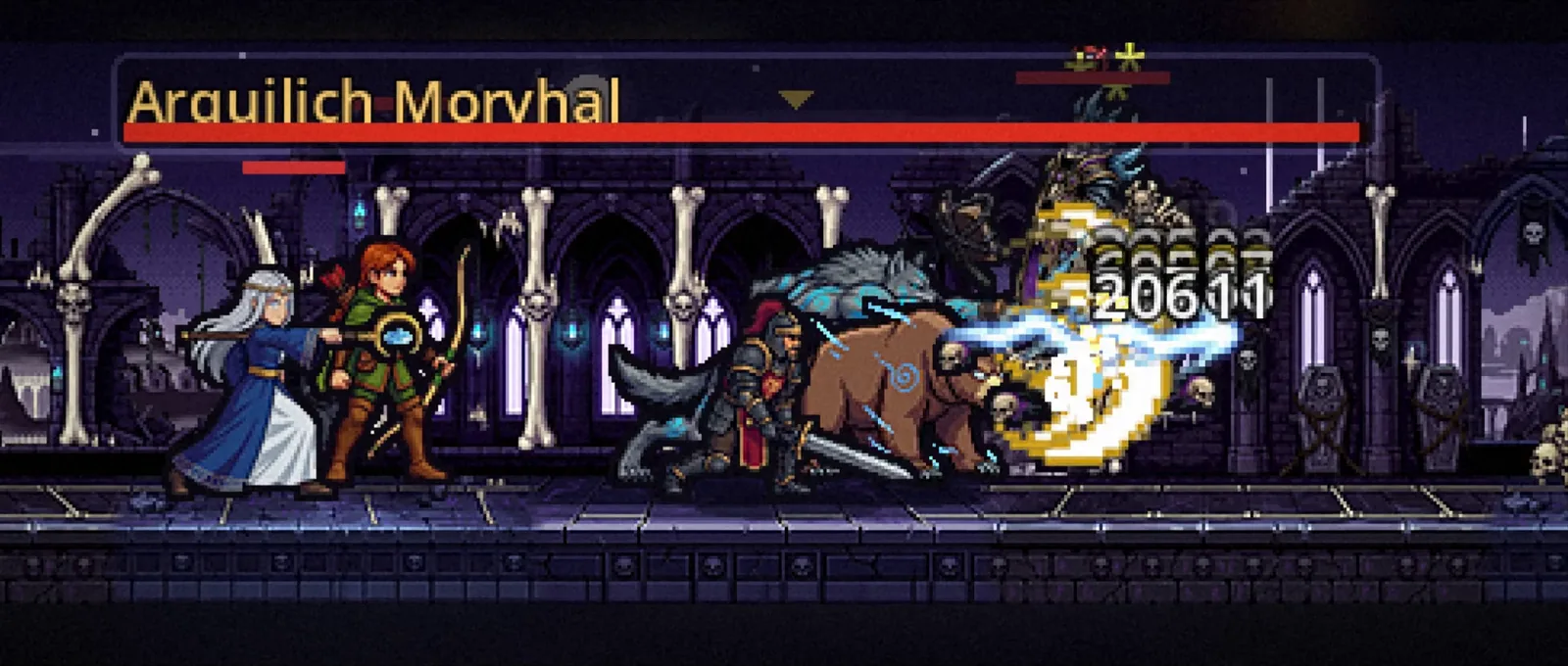 Grupo de heróis enfrentando Arquilich Morvhal