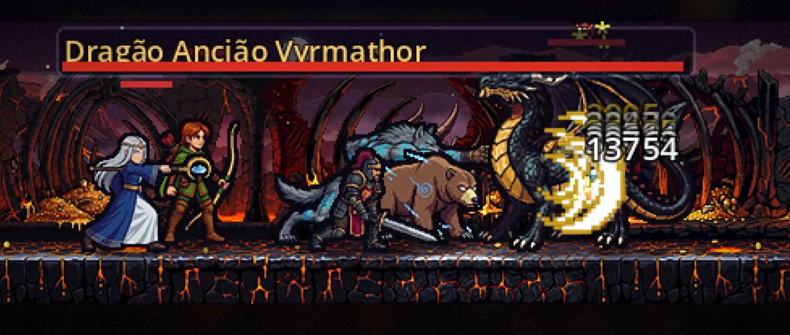 Grupo de heróis enfrentando Dragão Ancião Vyrmathor