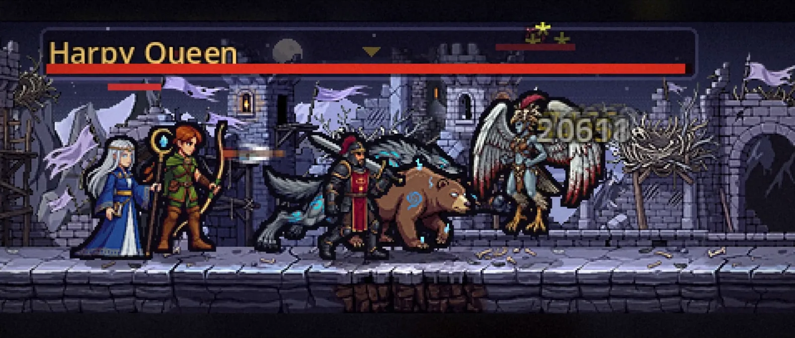 Party of heroes fighting Harpy Queen