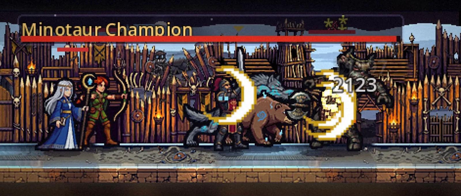 Party of heroes fighting Minotaur Champion