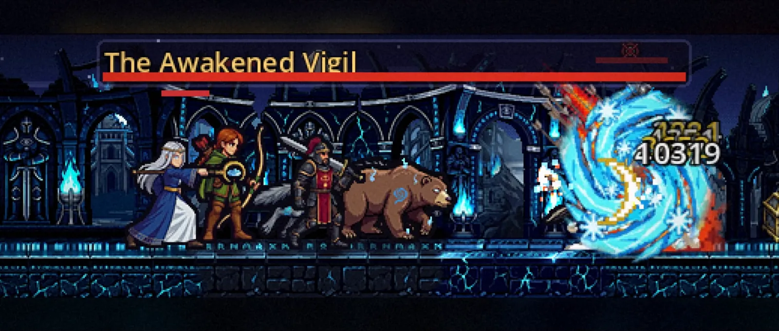 Party of heroes fighting The Awakened Vigil