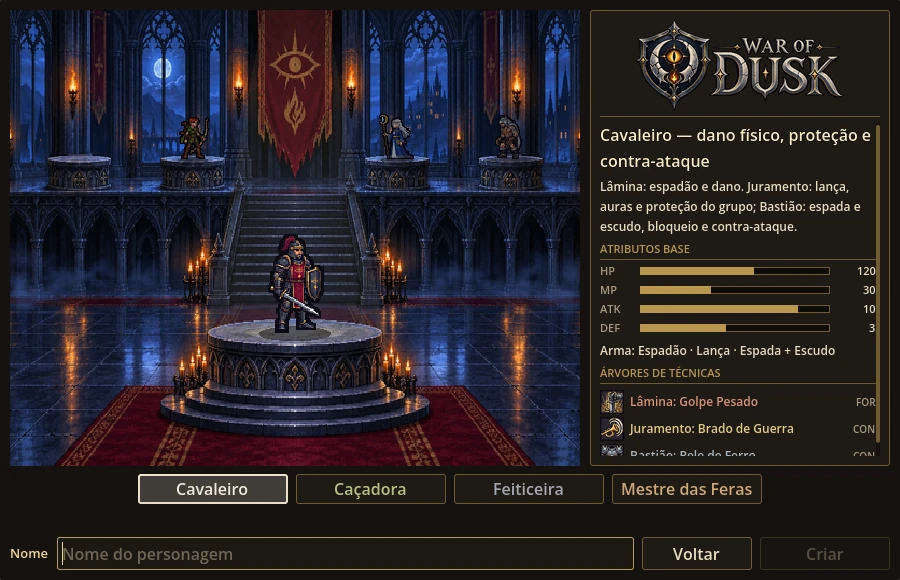 Character creation hall with the Knight on the altar