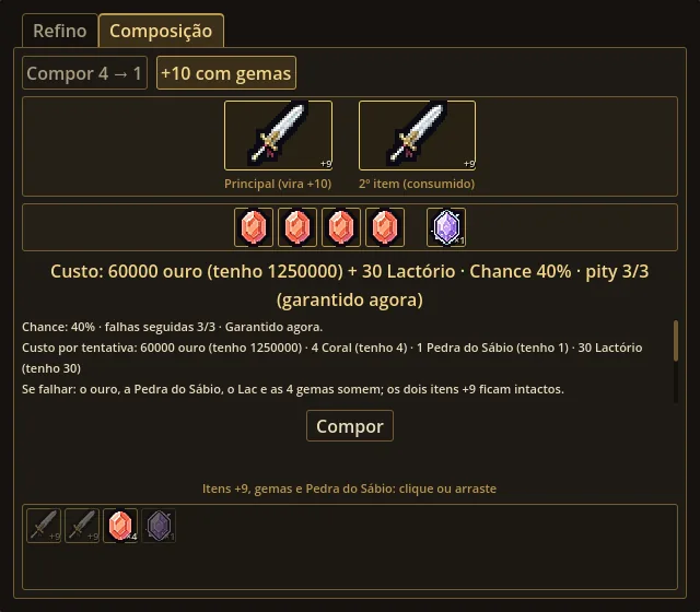 Janela da Forja, aba +10 com gemas: dois itens +9, quatro corais e a Pedra do Sábio, com custo, chance e garantia visíveis