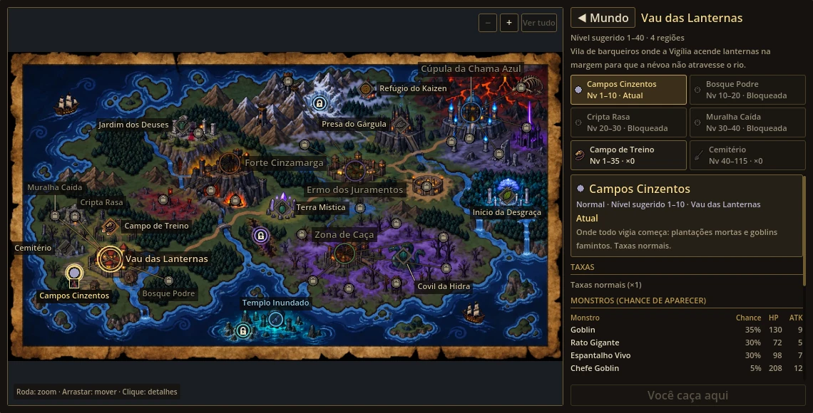 Mapa-múndi com cidades, regiões, quests e terras seladas