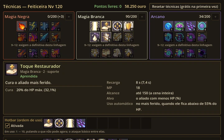 Skills window: the three paths, the selected skill and the hotbar