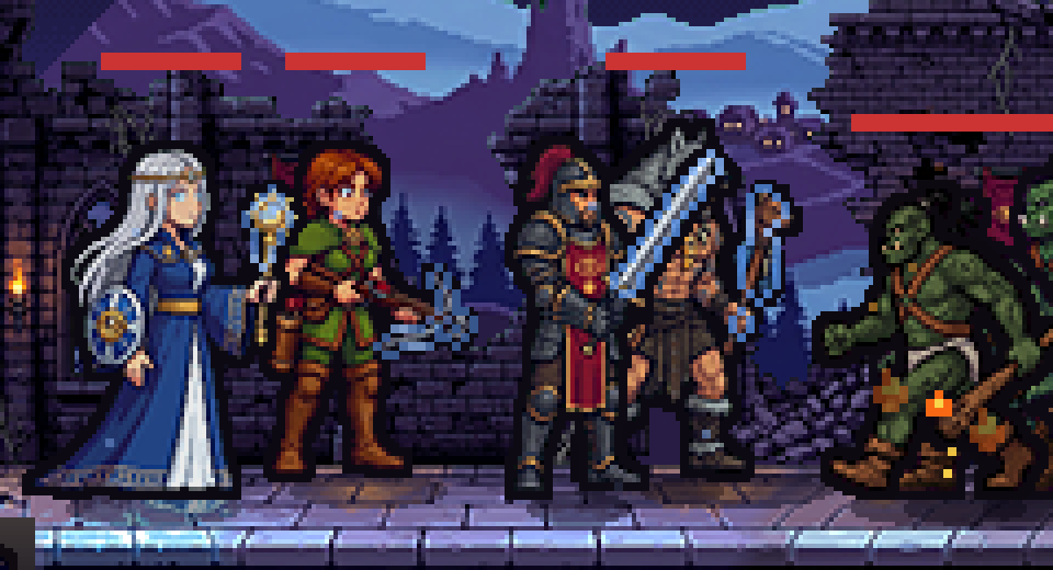 Grupo de heróis com equipamento refinado brilhando (+10 com safira)